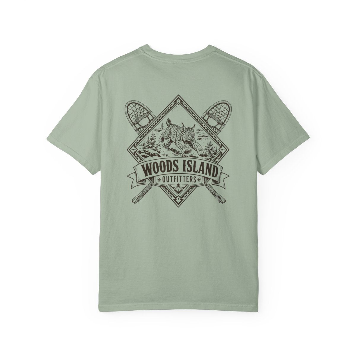 Lynx crest on the back of a Bay Woods Island Outfitters tee