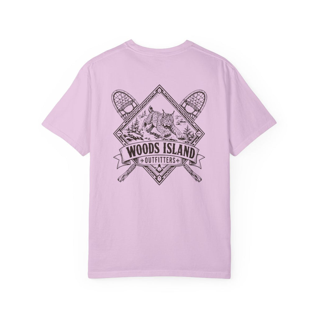 Lynx crest on the back of a Orchid Woods Island Outfitters tee