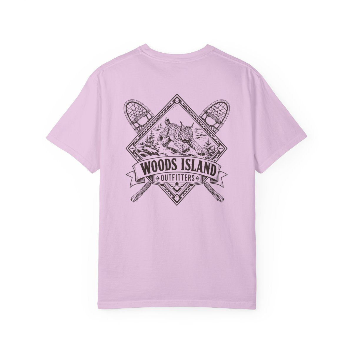 Lynx crest on the back of a Orchid Woods Island Outfitters tee
