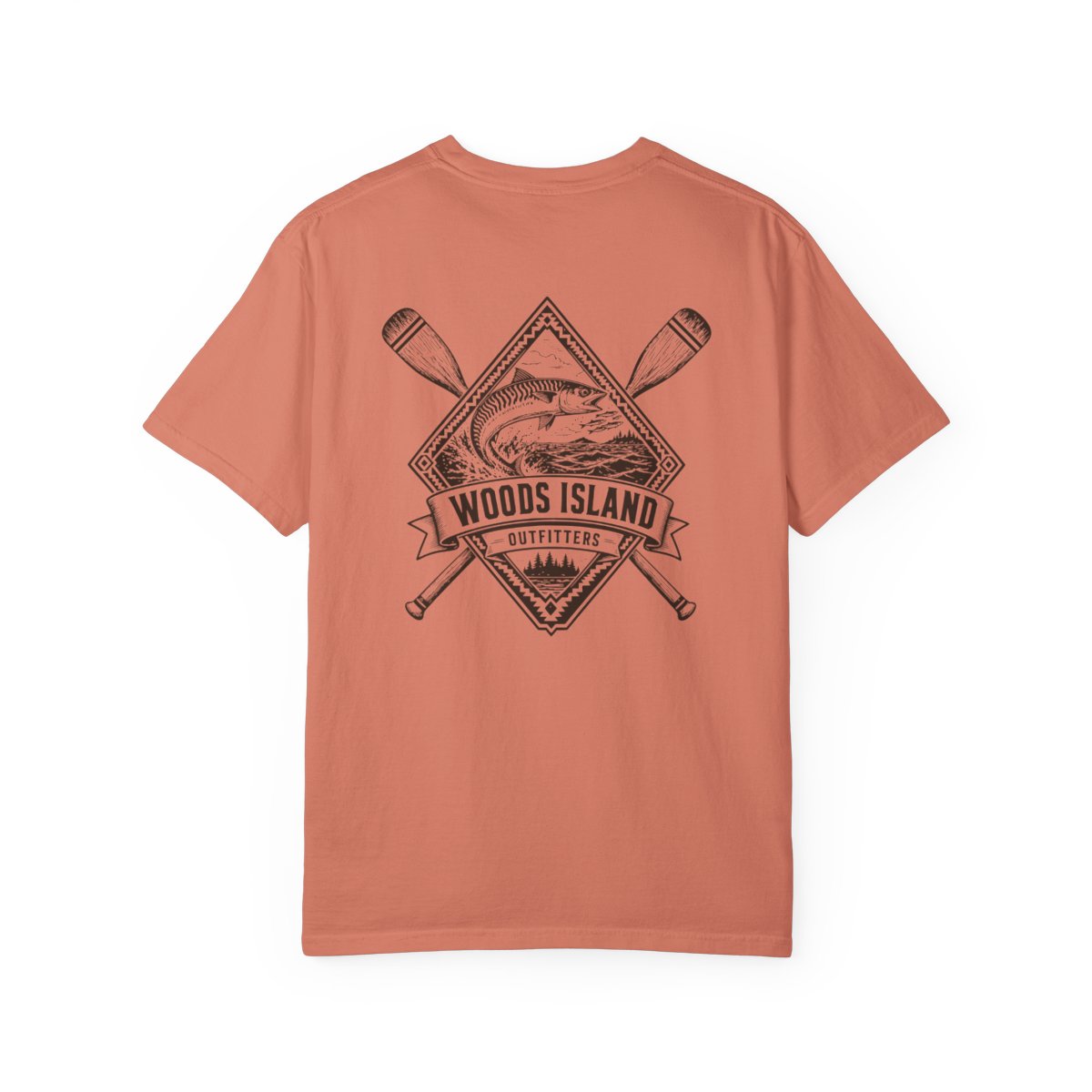 Mackerel crest on the back of a Terracotta Woods Island Outfitters tee