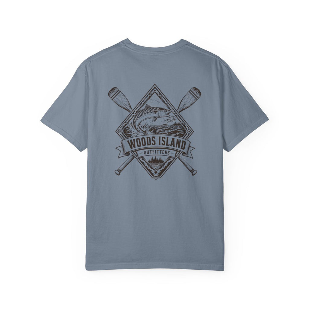 Mackerel crest on the back of a Blue Jean Woods Island Outfitters tee