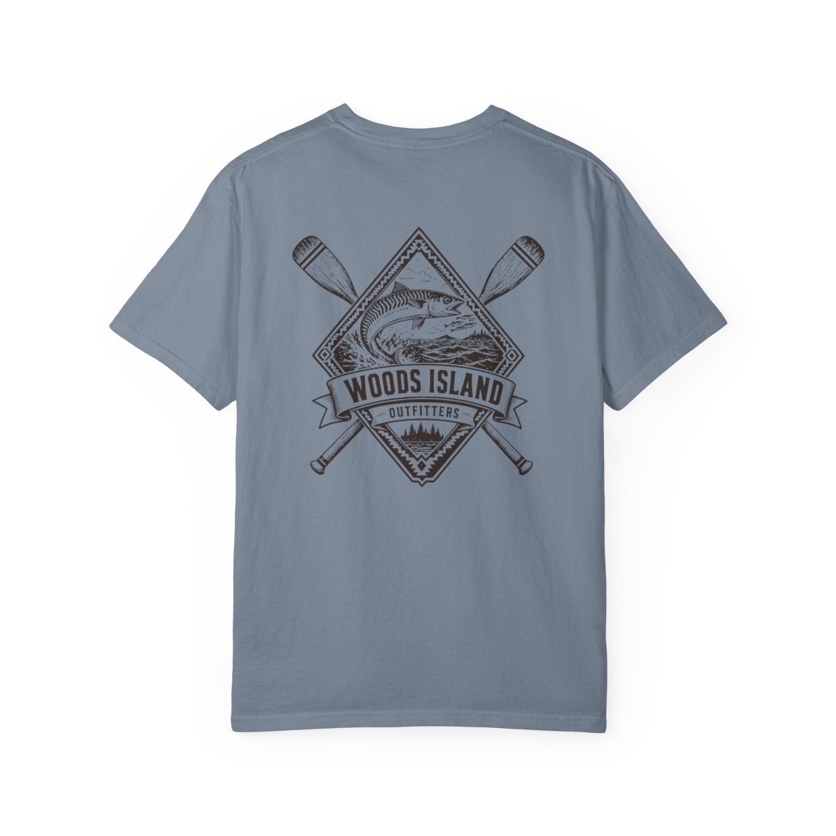Mackerel crest on the back of a Blue Jean Woods Island Outfitters tee
