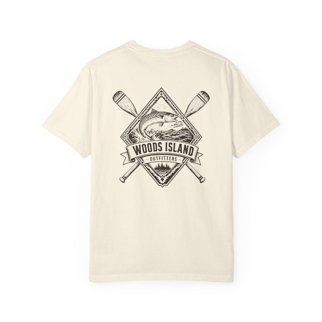 Mackerel crest on the back of a Woods Island Outfitters tee