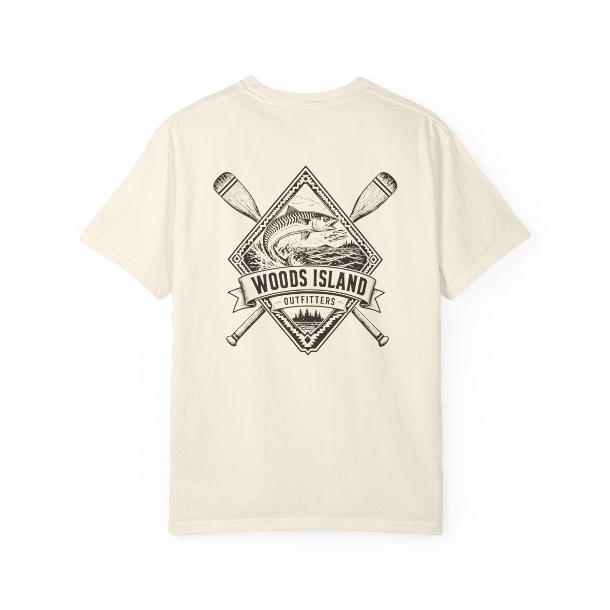 Mackerel crest on the back of a Woods Island Outfitters tee