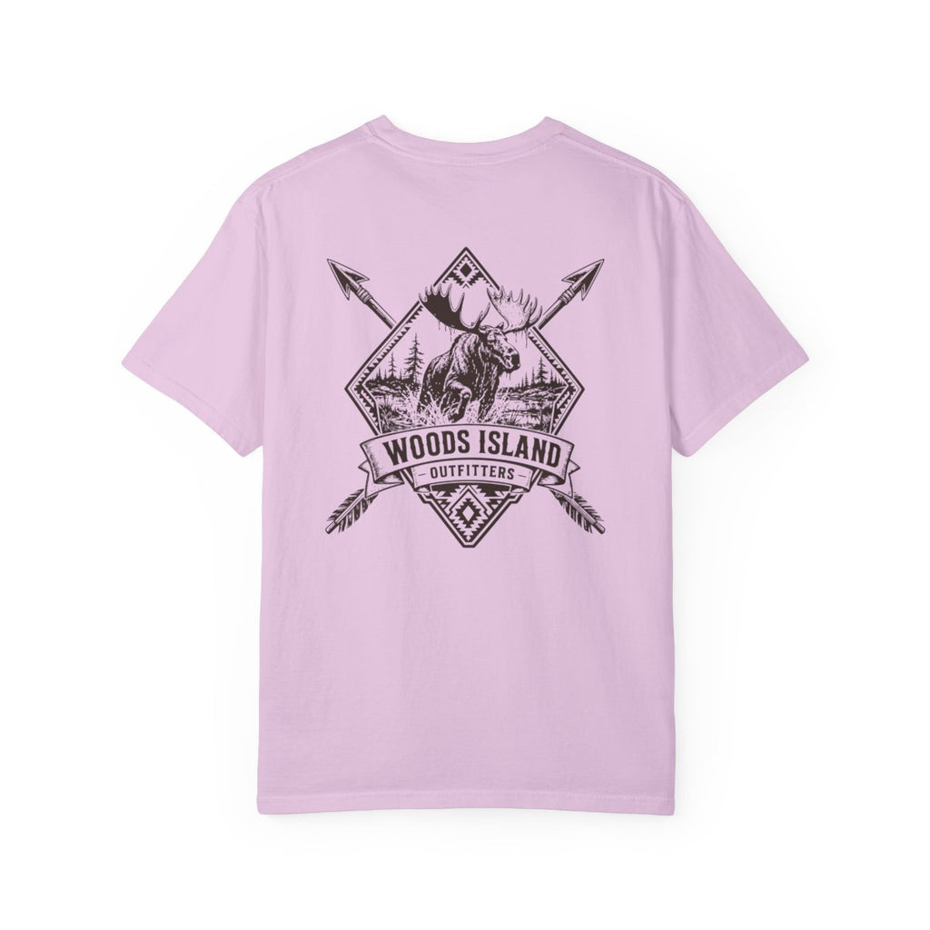 Moose crest on the back of a Orchid Woods Island Outfitters tee