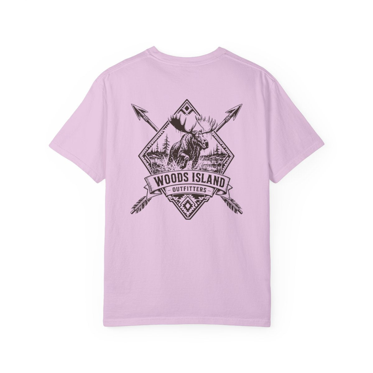 Moose crest on the back of a Orchid Woods Island Outfitters tee