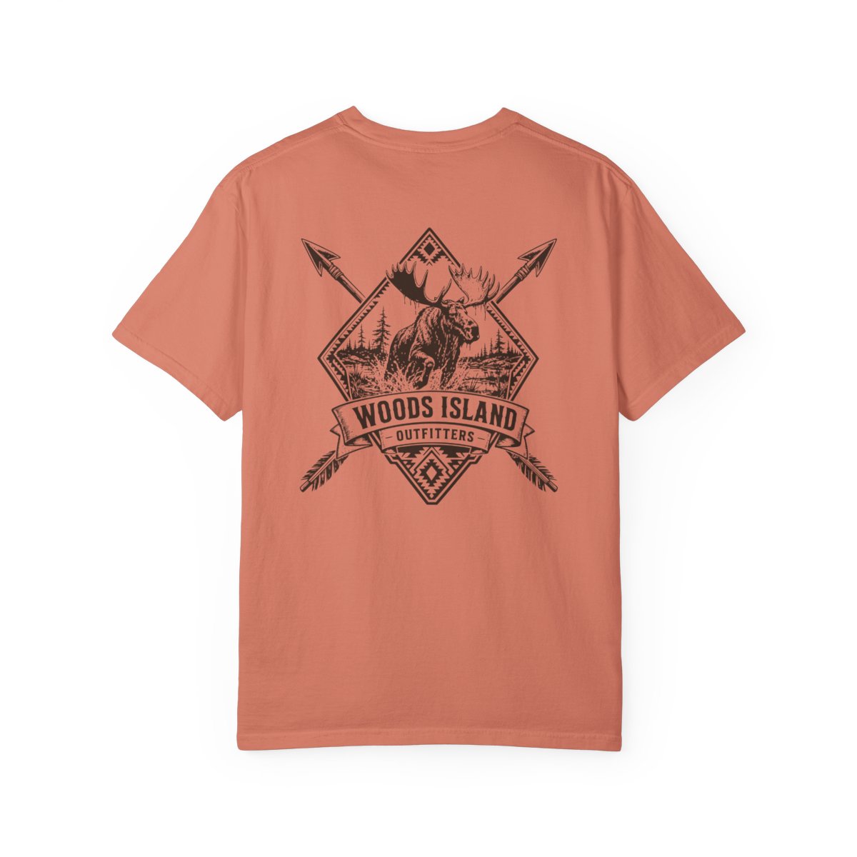 Moose crest on the back of a Terracotta Woods Island Outfitters tee