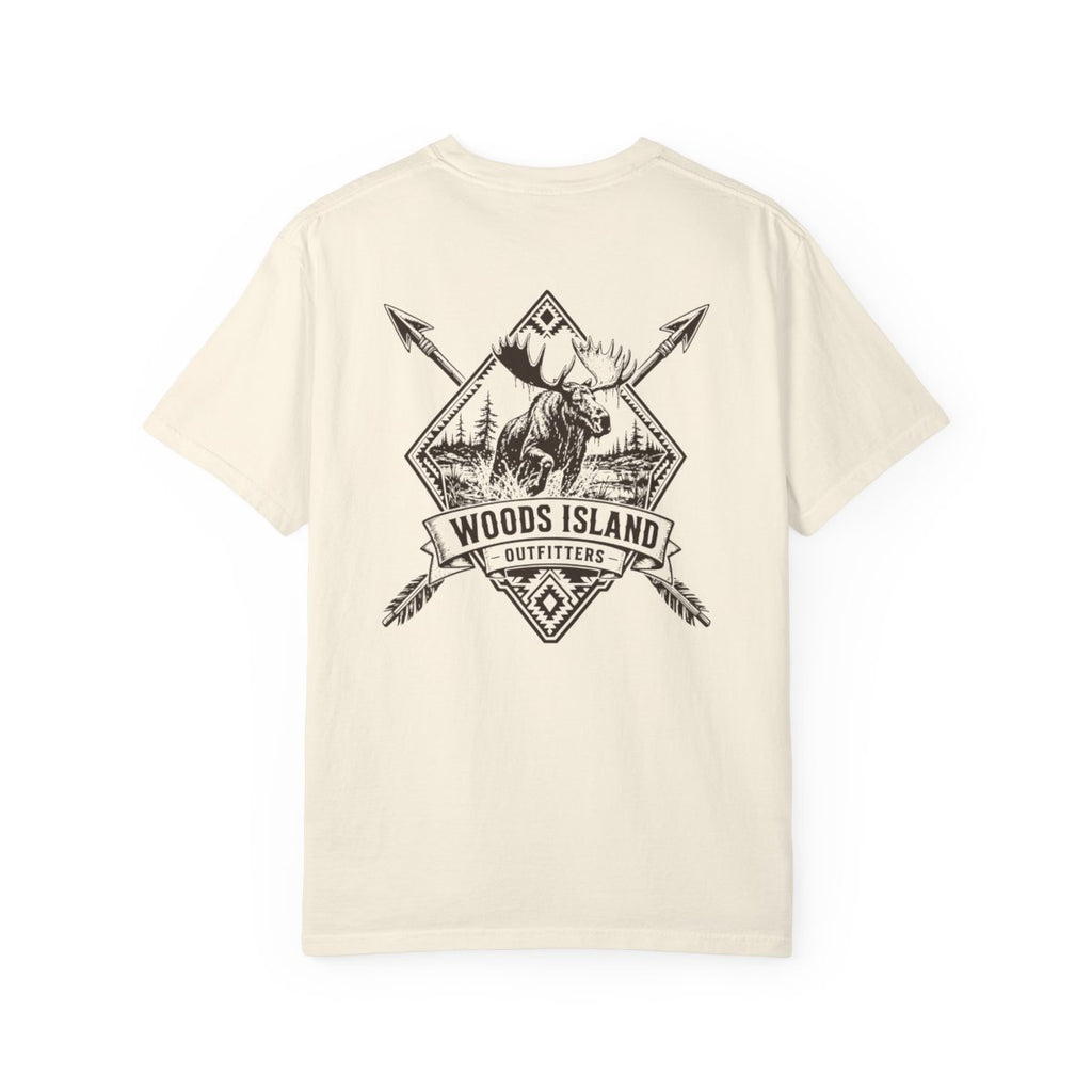 Moose crest on the back of a Woods Island Outfitters tee