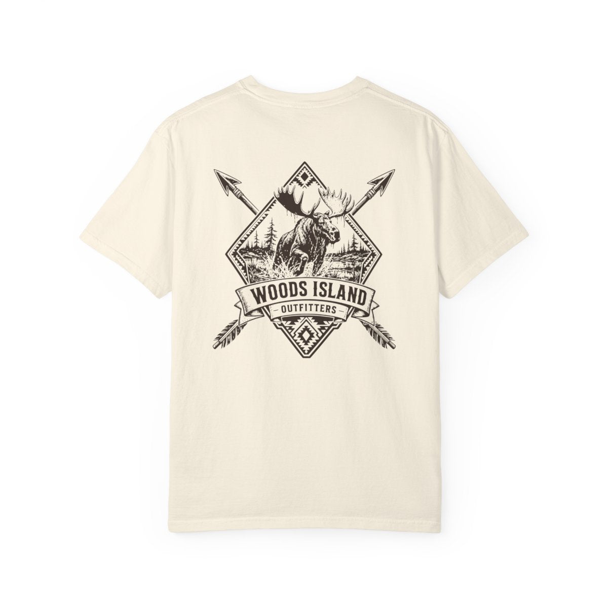 Moose crest on the back of a Woods Island Outfitters tee