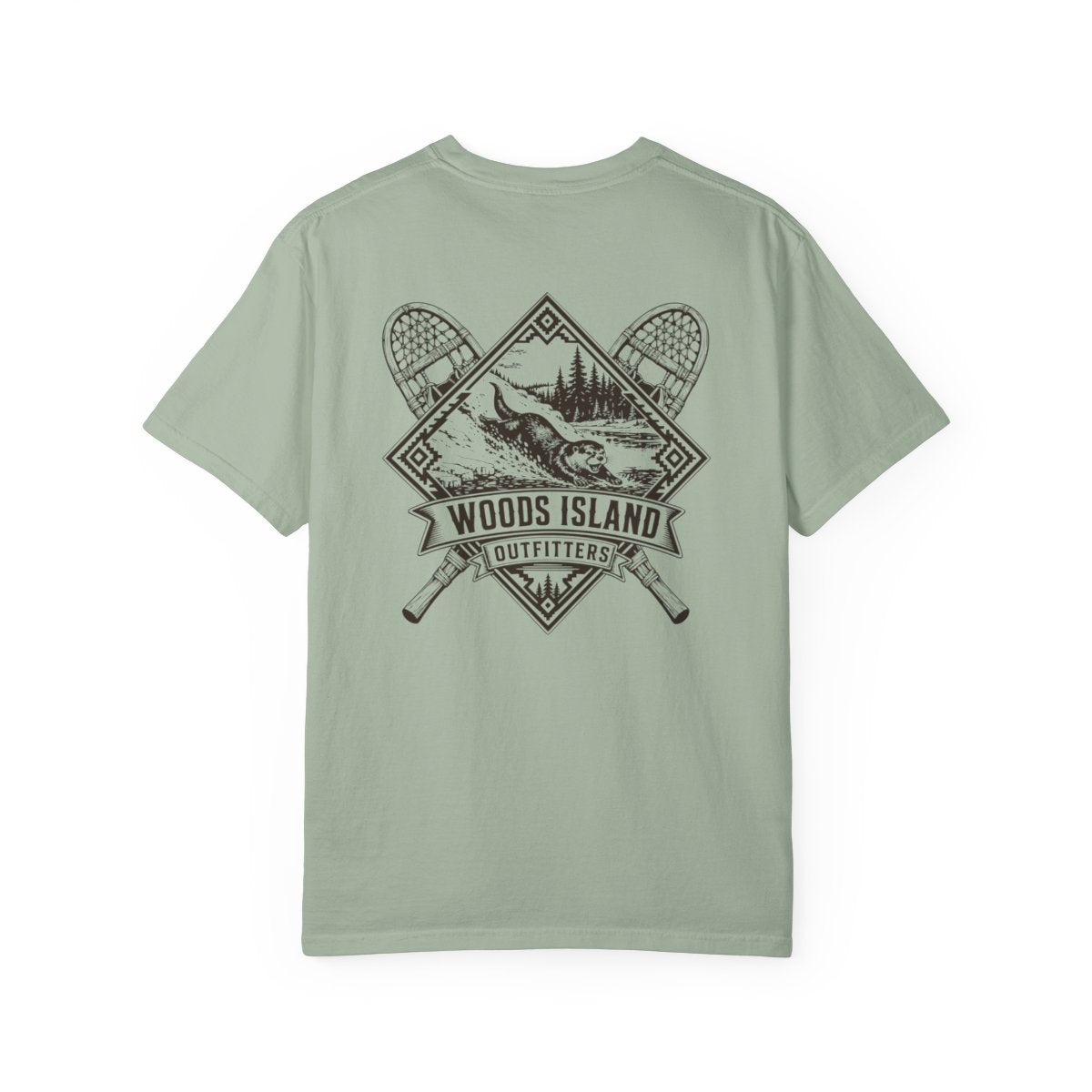Otter crest on the back of a Bay Woods Island Outfitters tee