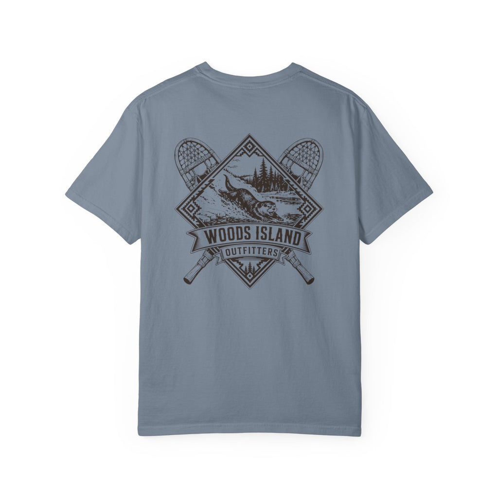 Otter crest on the back of a Blue Jean Woods Island Outfitters tee