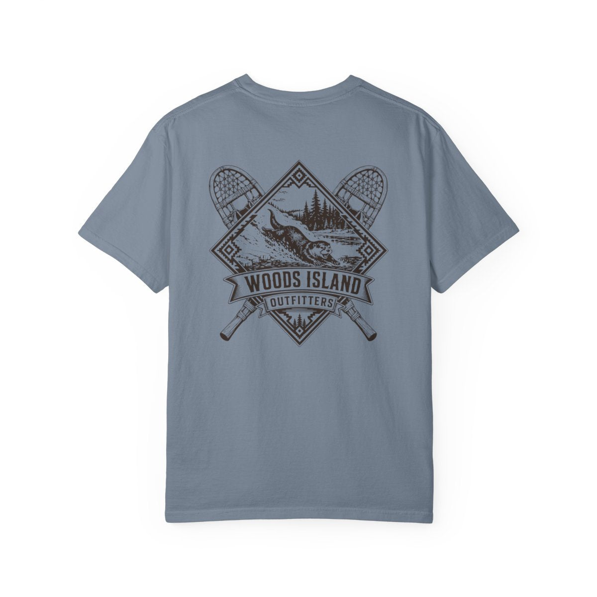 Otter crest on the back of a Blue Jean Woods Island Outfitters tee