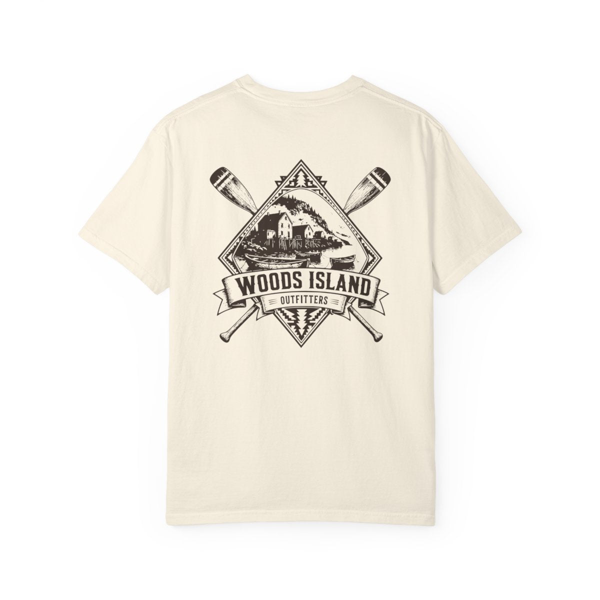 Outport crest on the back of a Woods Island Outfitters tee