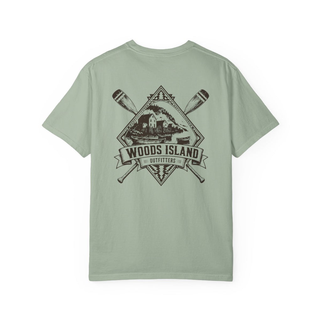 Outport crest on the back of a Bay Woods Island Outfitters tee