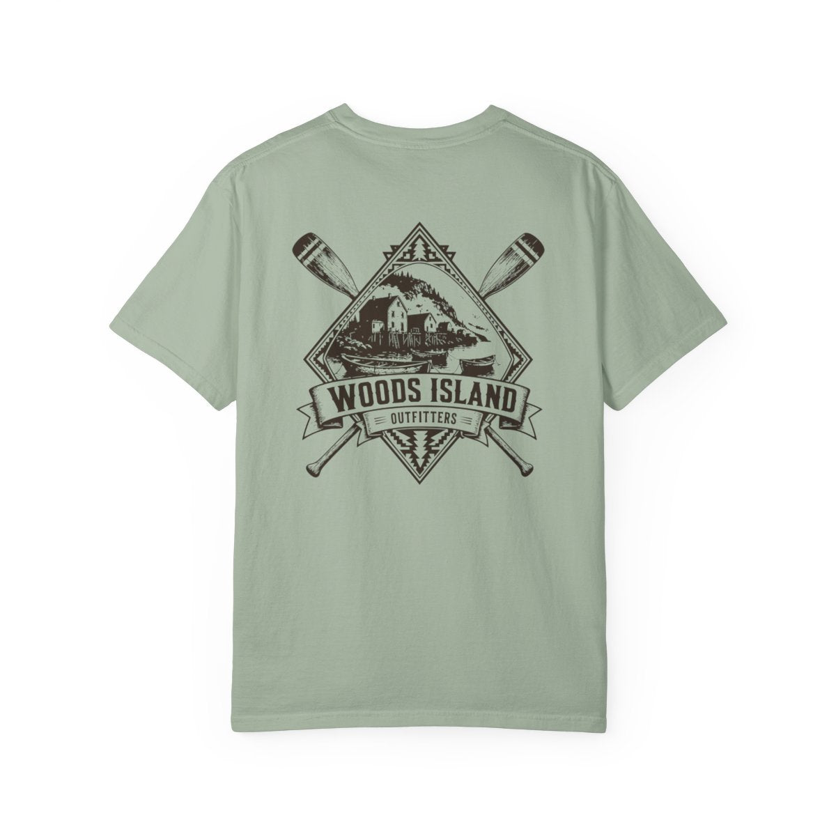 Outport crest on the back of a Bay Woods Island Outfitters tee