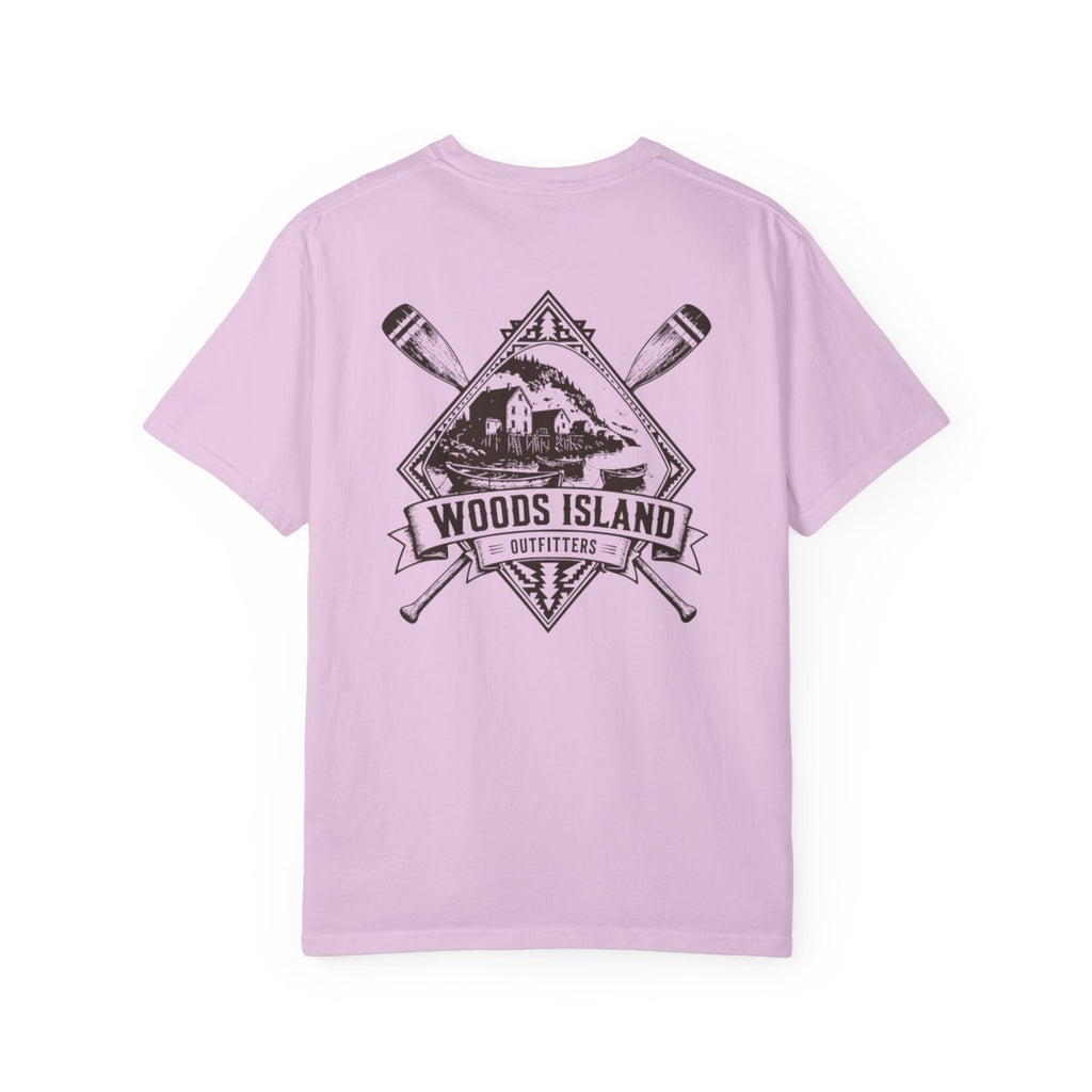 Outport crest on the back of a Orchid Woods Island Outfitters tee