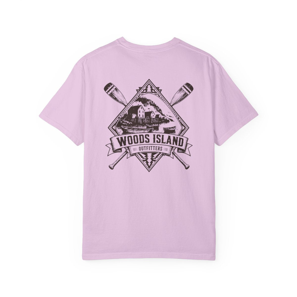 Outport crest on the back of a Orchid Woods Island Outfitters tee