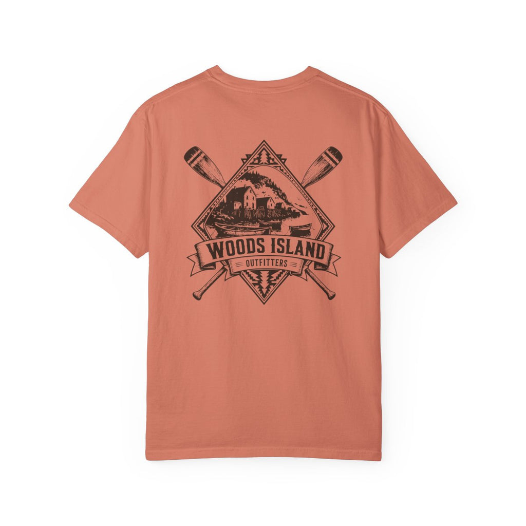 Outport crest on the back of a Terracotta Woods Island Outfitters tee