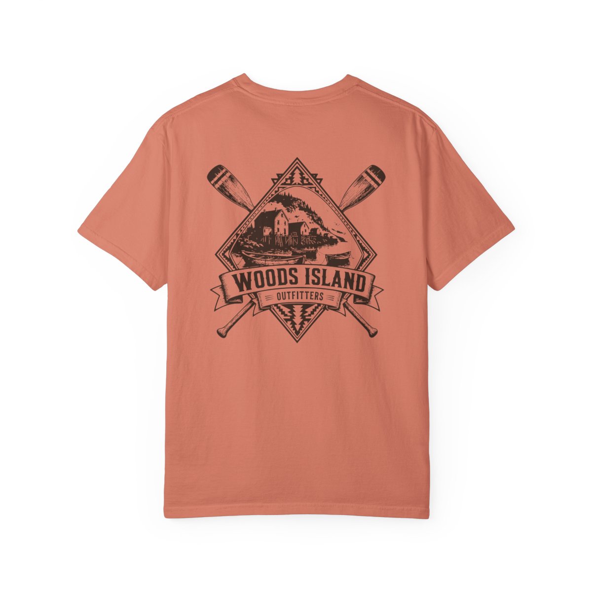 Outport crest on the back of a Terracotta Woods Island Outfitters tee