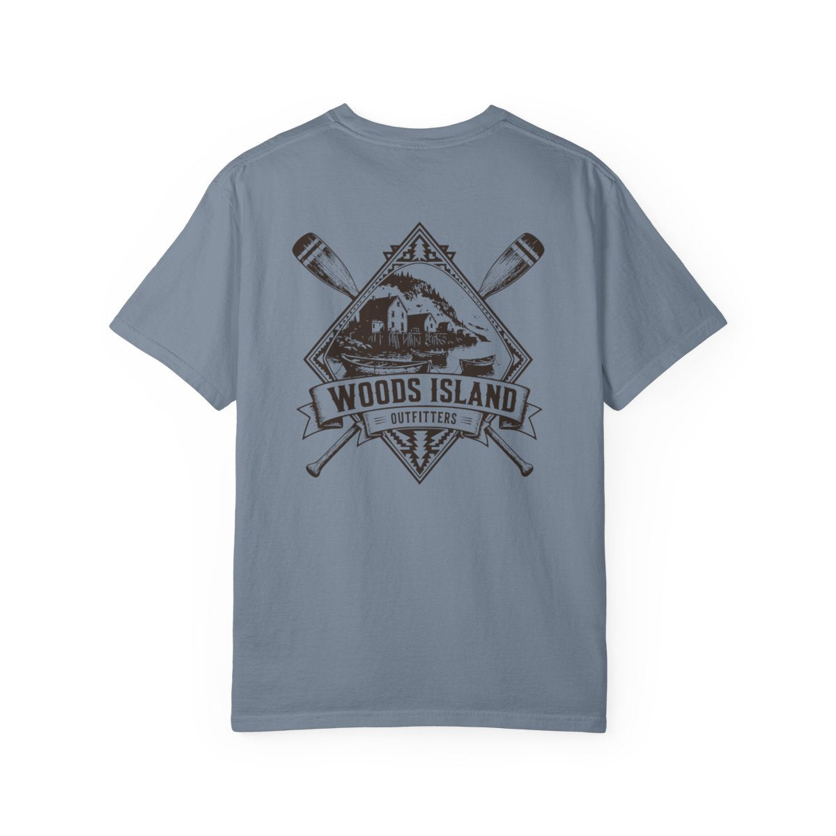 Outport crest on the back of a Blue Jean Woods Island Outfitters tee