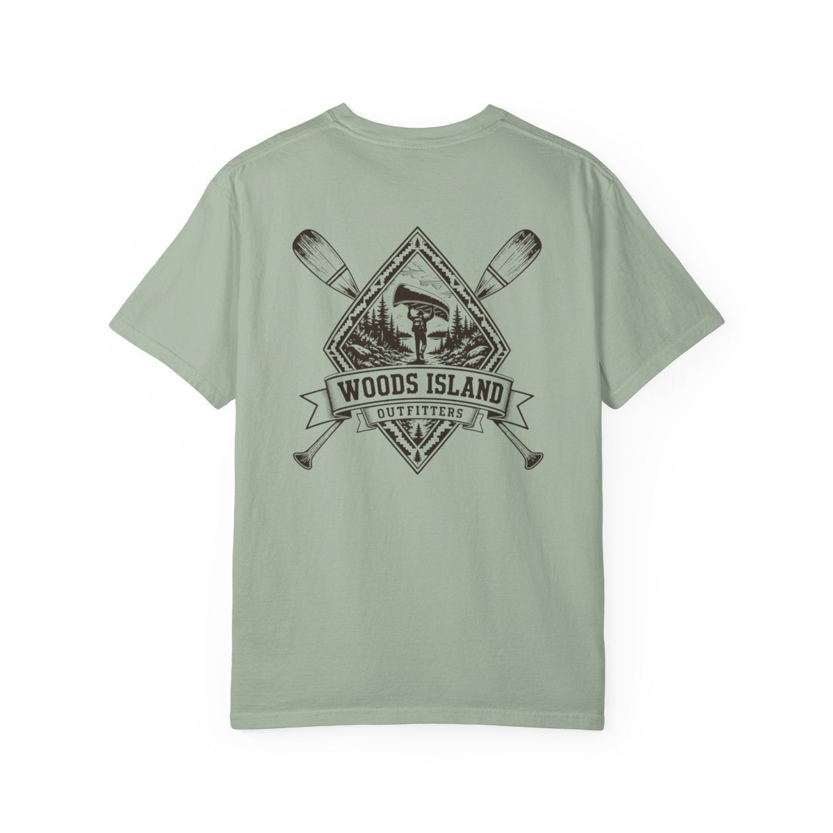 Portage crest on the back of a Bay Woods Island Outfitters tee
