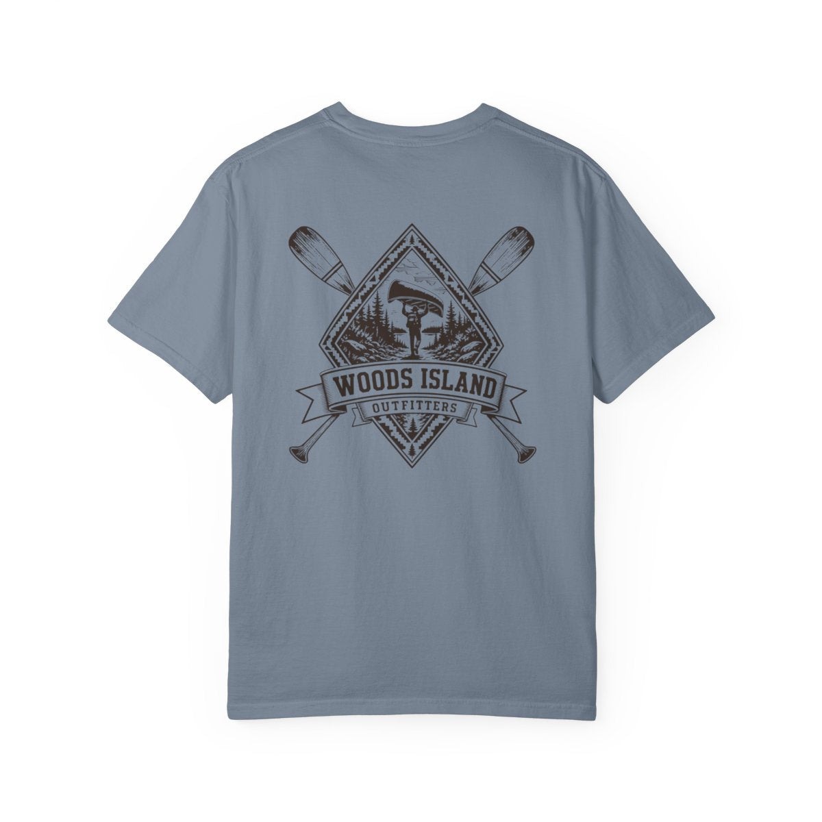 Portage crest on the back of a Blue Jean Woods Island Outfitters tee