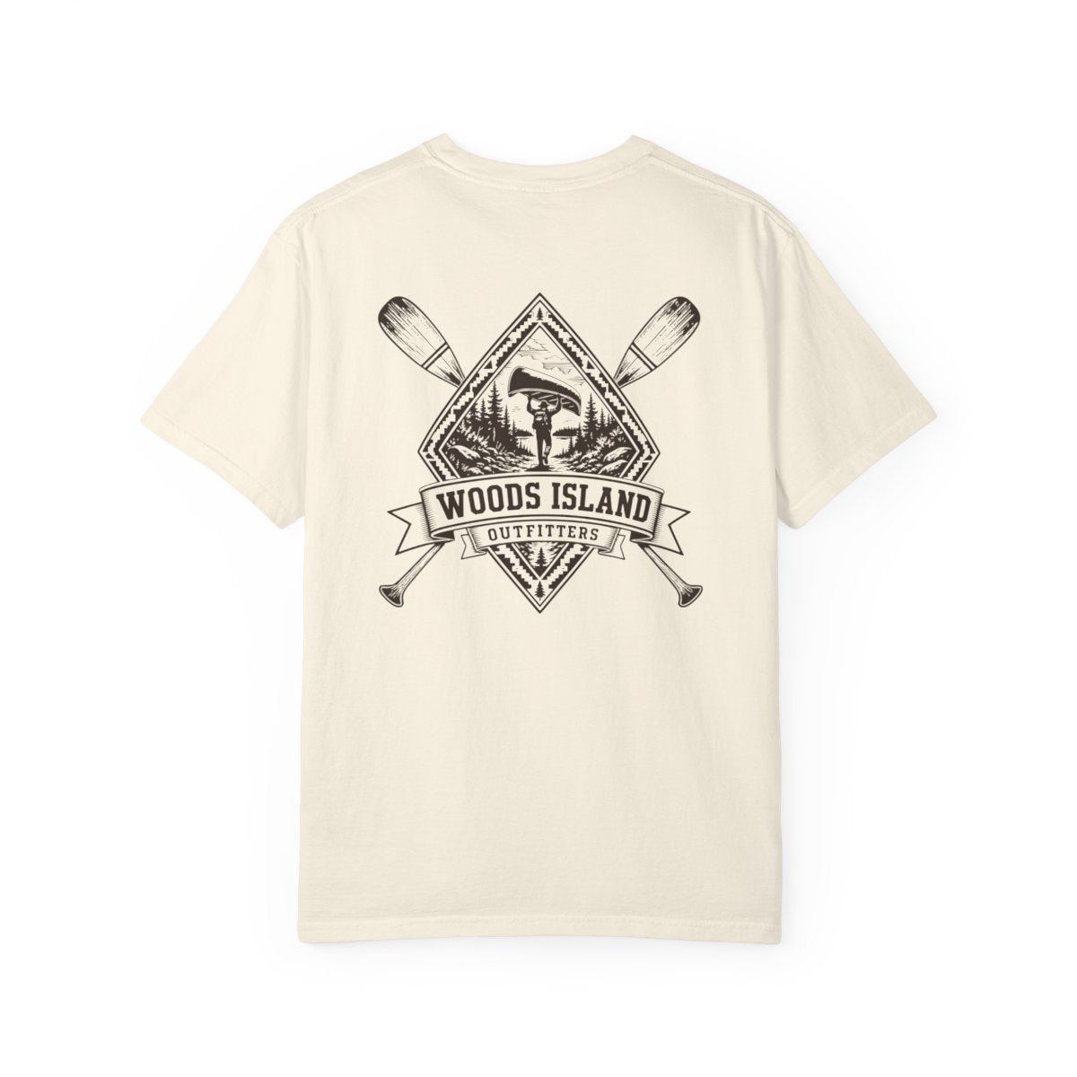 Portage crest on the back of a Woods Island Outfitters tee