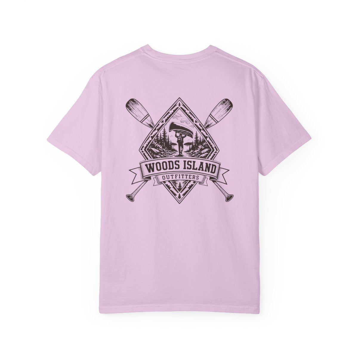 Portage crest on the back of a Orchid Woods Island Outfitters tee