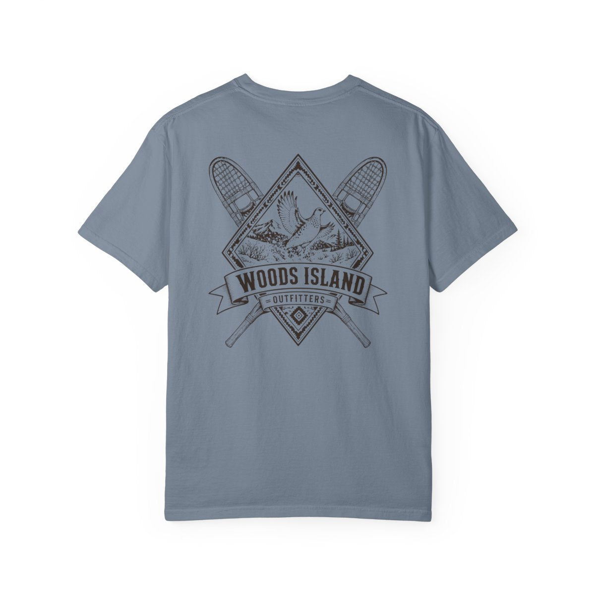 Ptarmigan crest on the back of a Blue Jean Woods Island Outfitters tee