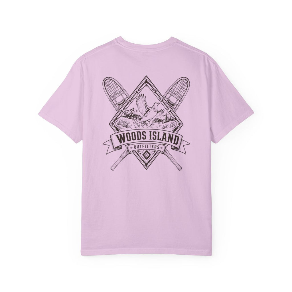 Ptarmigan crest on the back of a Orchid Woods Island Outfitters tee