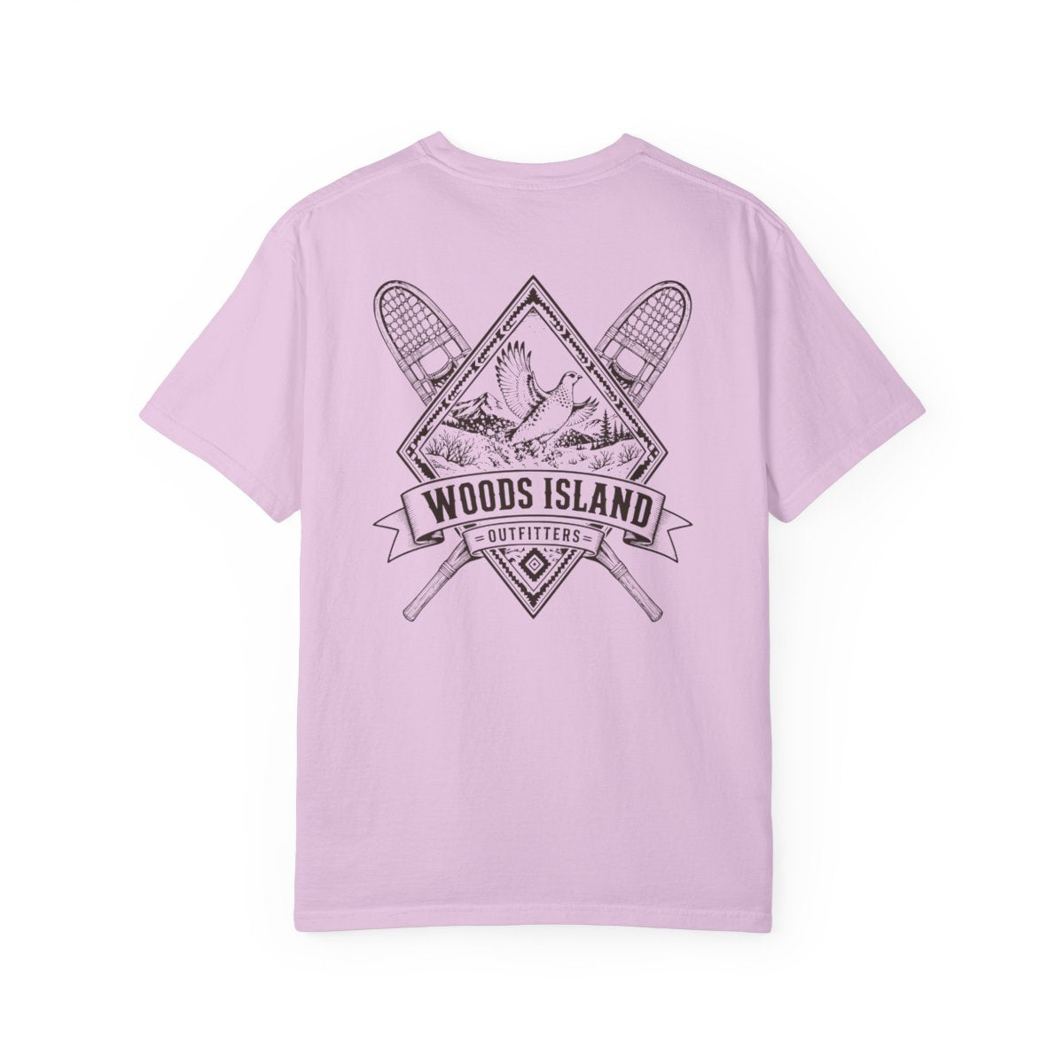 Ptarmigan crest on the back of a Orchid Woods Island Outfitters tee