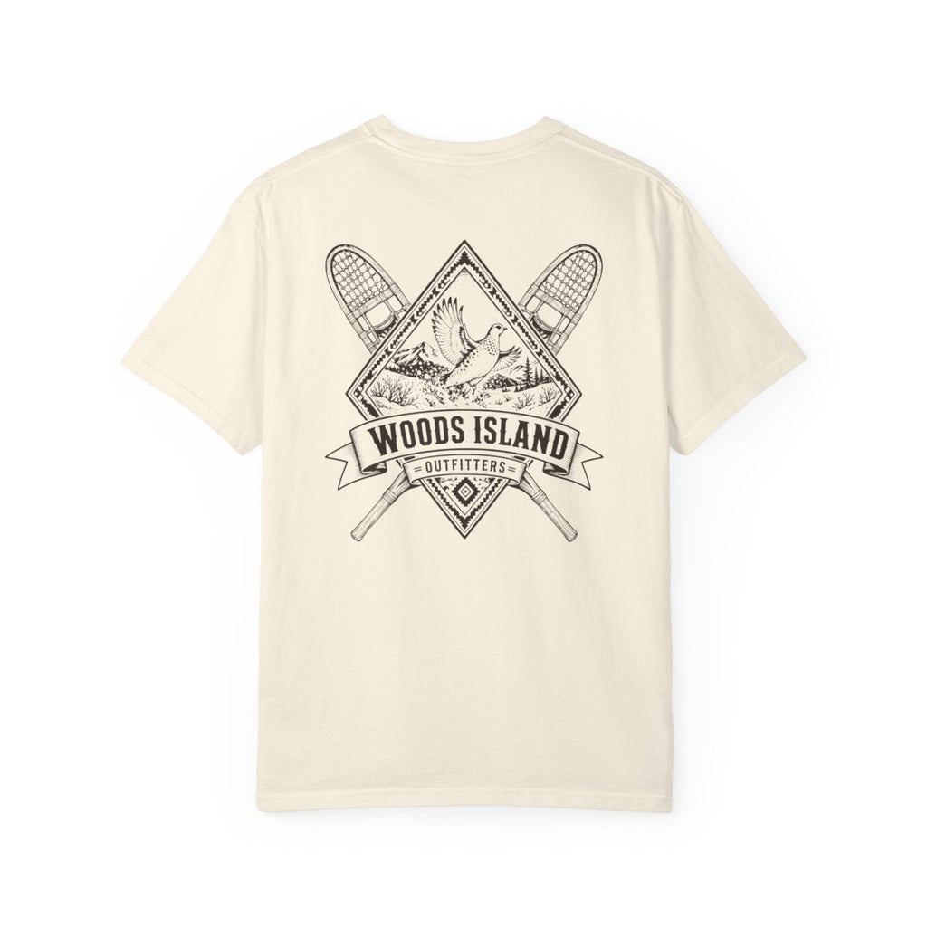 Ptarmigan crest on the back of a Woods Island Outfitters tee