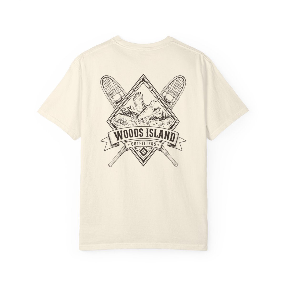 Ptarmigan crest on the back of a Woods Island Outfitters tee