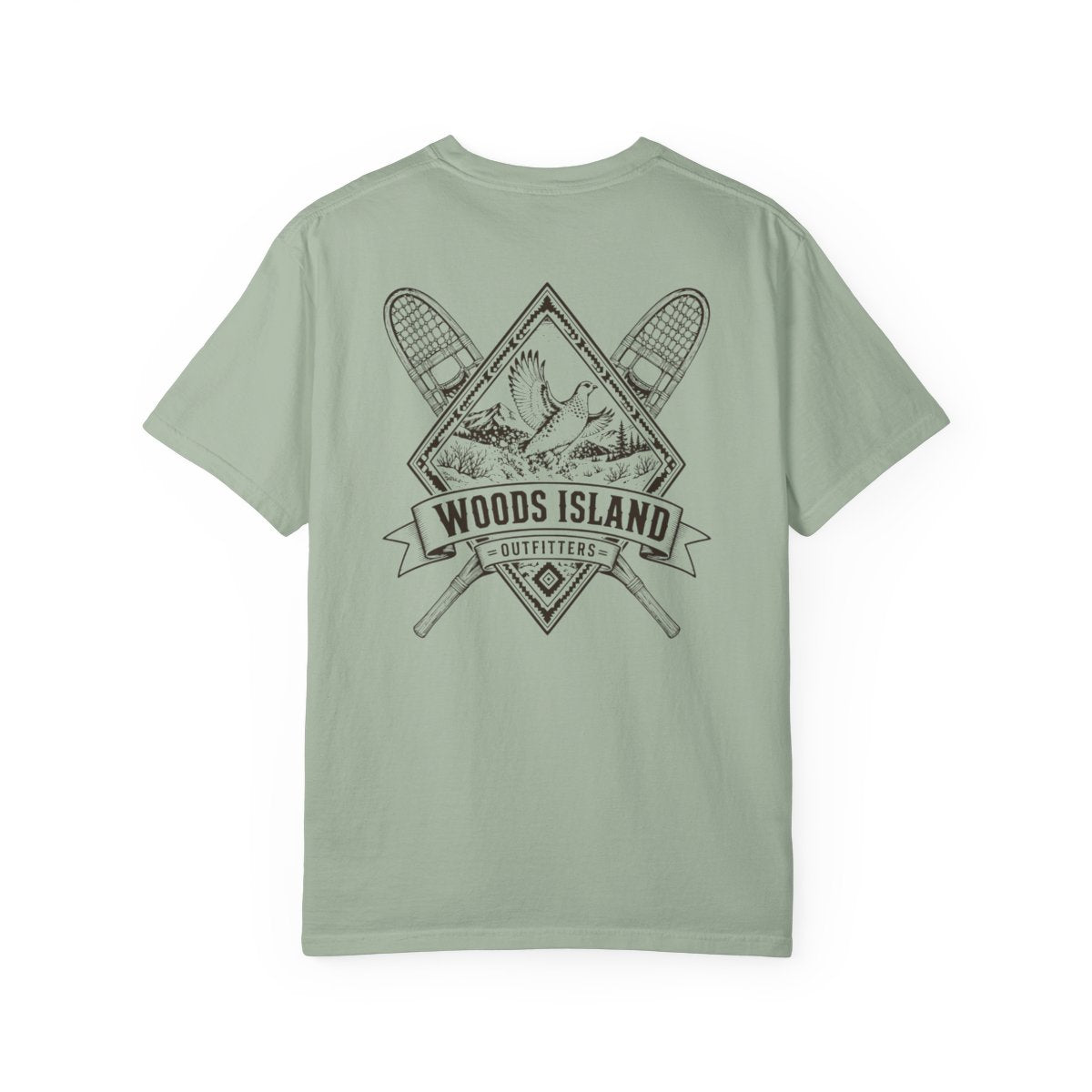 Ptarmigan crest on the back of a Bay Woods Island Outfitters tee