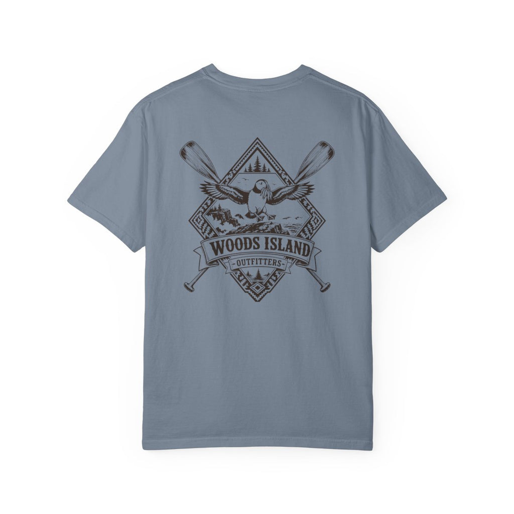 Puffin crest on the back of a Blue Jean Woods Island Outfitters tee