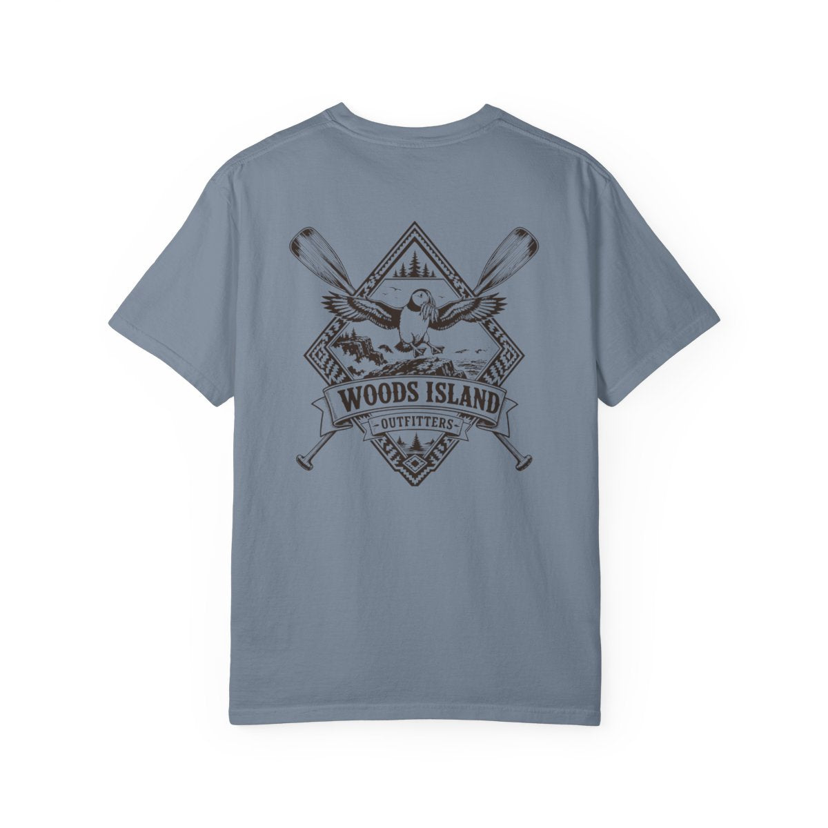 Puffin crest on the back of a Blue Jean Woods Island Outfitters tee