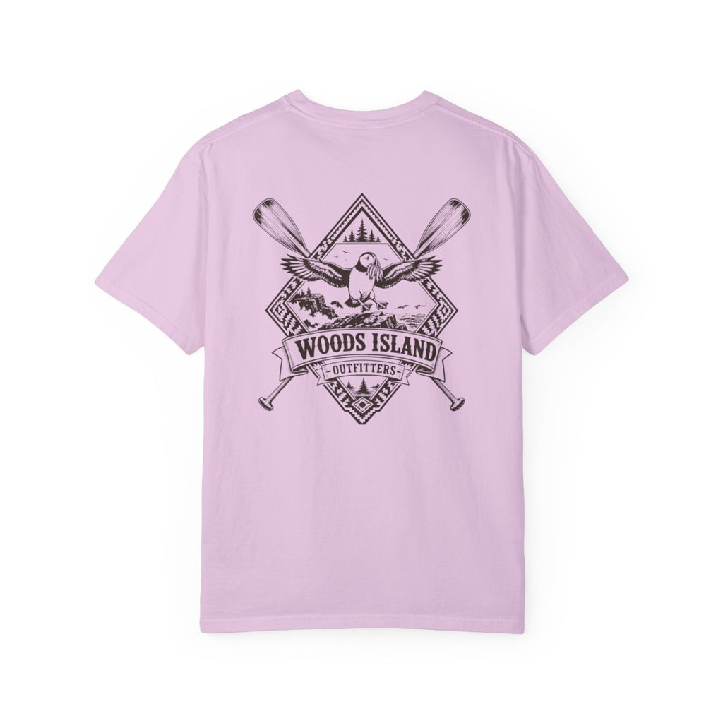 Puffin crest on the back of a Orchid Woods Island Outfitters tee