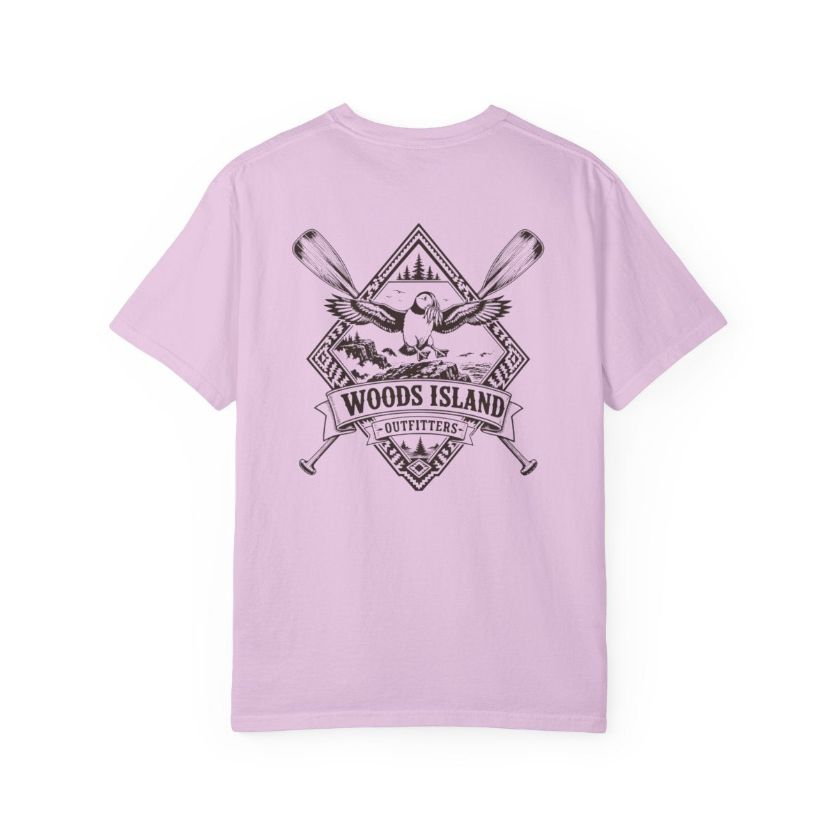 Puffin crest on the back of a Orchid Woods Island Outfitters tee