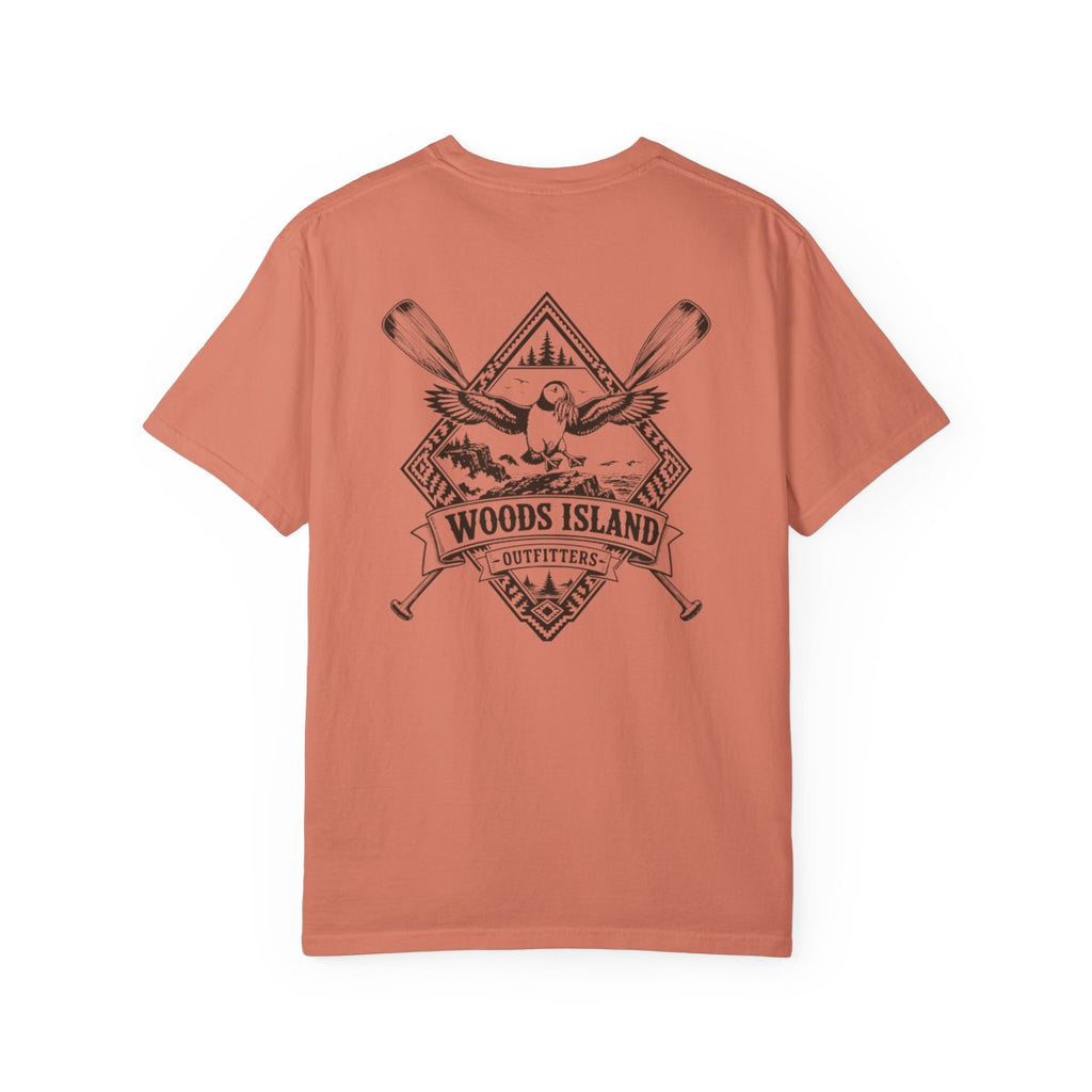 Puffin crest on the back of a Terracotta Woods Island Outfitters tee