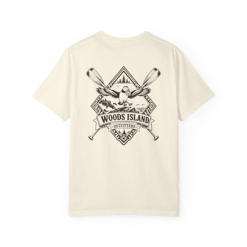Puffin crest on the back of a Woods Island Outfitters tee