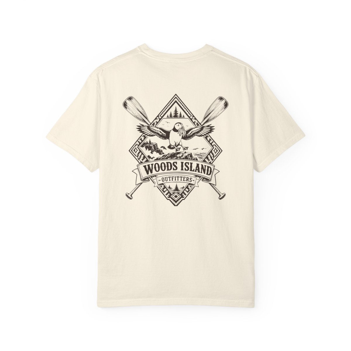 Puffin crest on the back of a Woods Island Outfitters tee