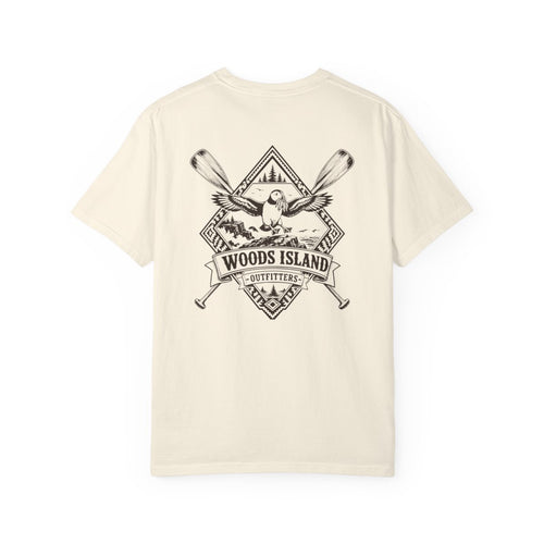 Puffin crest on the back of a Woods Island Outfitters tee
