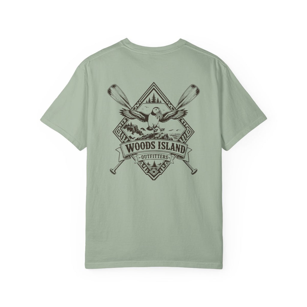 Puffin crest on the back of a Bay Woods Island Outfitters tee