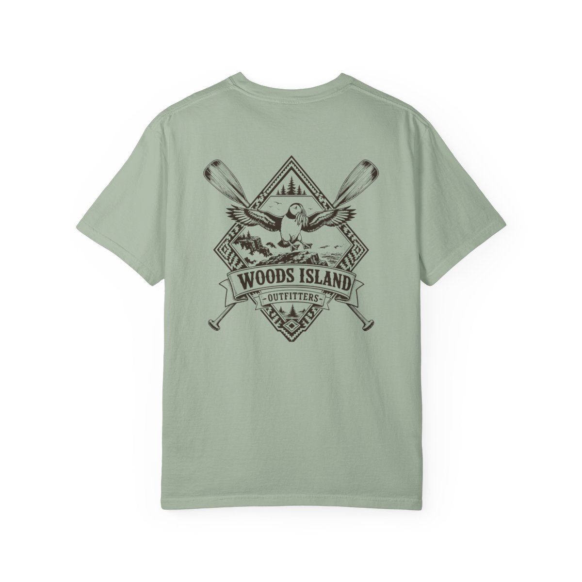 Puffin crest on the back of a Bay Woods Island Outfitters tee