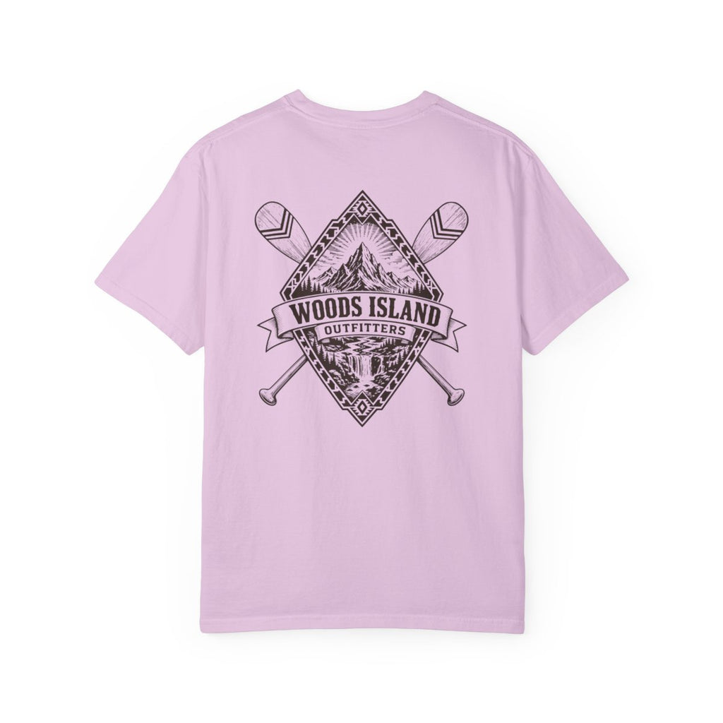 Summit Sunburst crest on the back of a Orchid Woods Island Outfitters tee