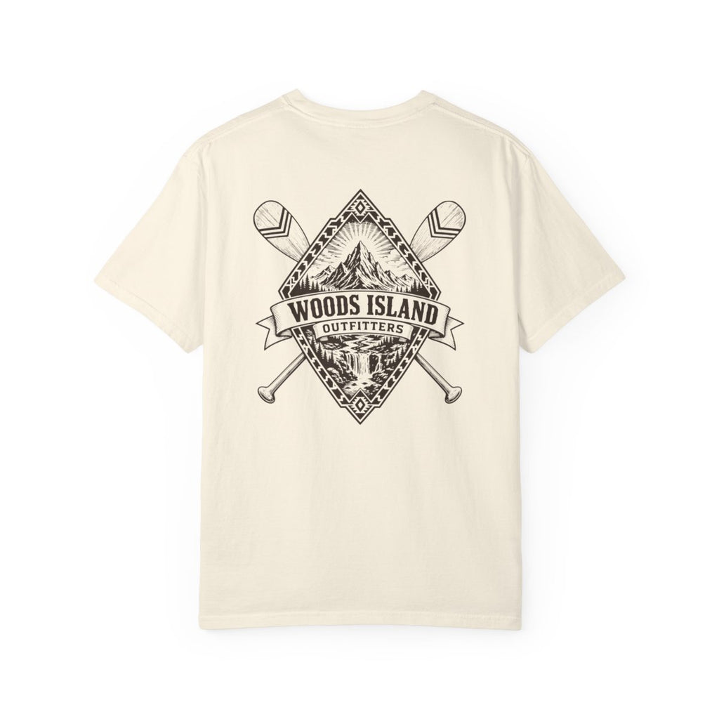 Summit Sunburst crest on the back of a Woods Island Outfitters tee
