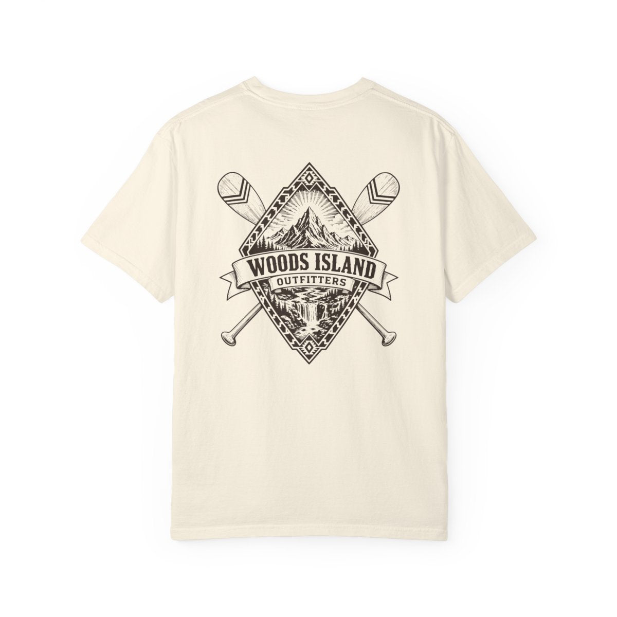 Summit Sunburst crest on the back of a Woods Island Outfitters tee