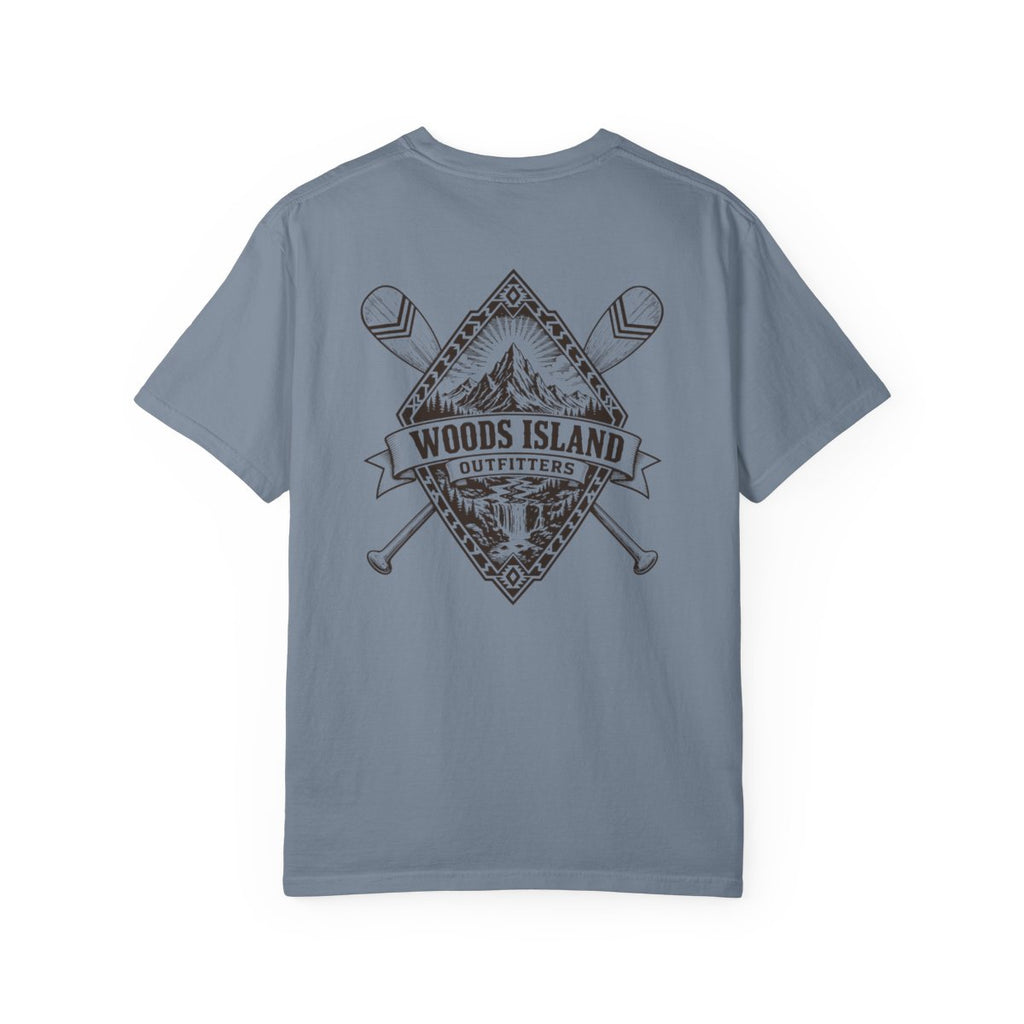 Summit Sunburst crest on the back of a Blue Jean Woods Island Outfitters tee