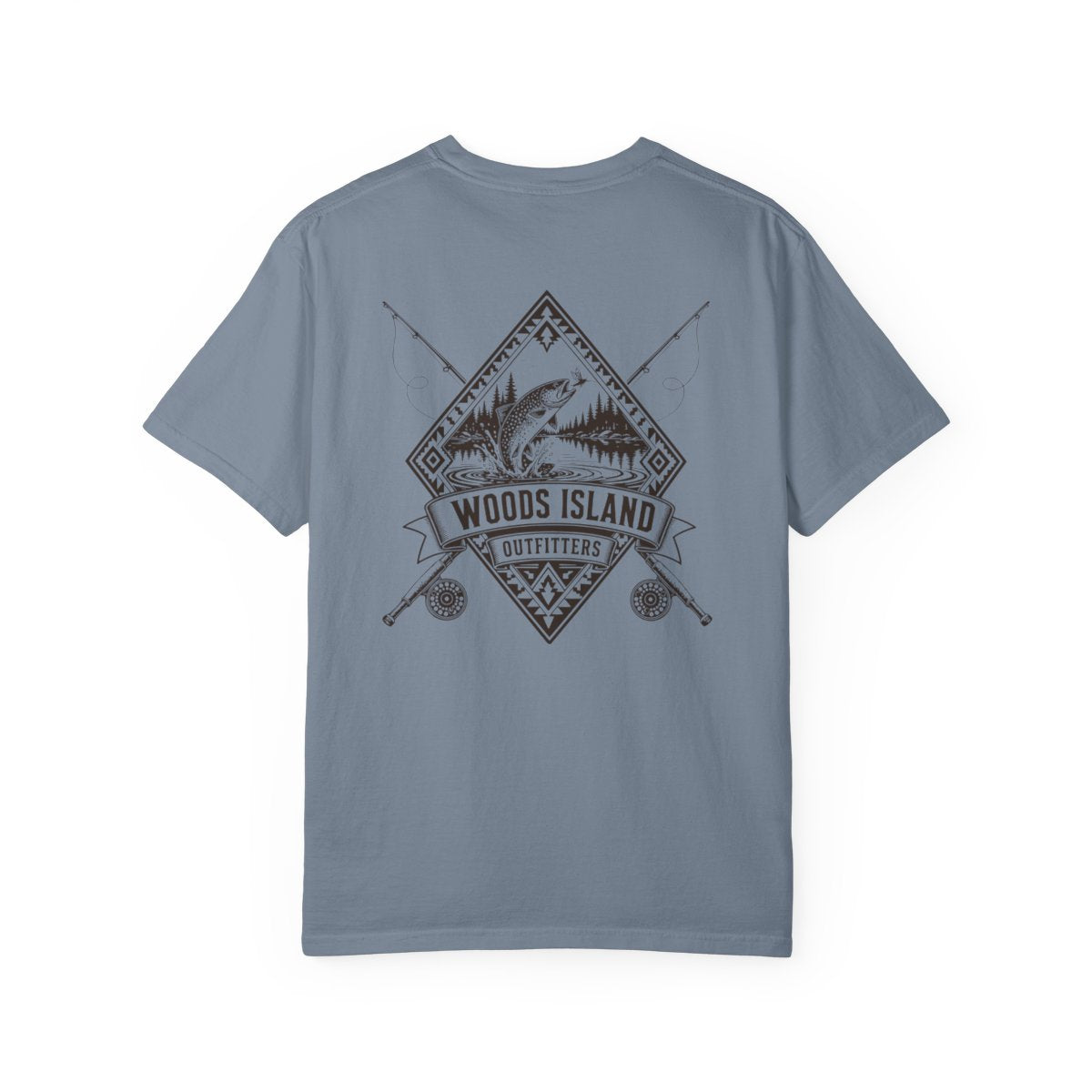Trout crest on the back of a Blue Jean Woods Island Outfitters tee