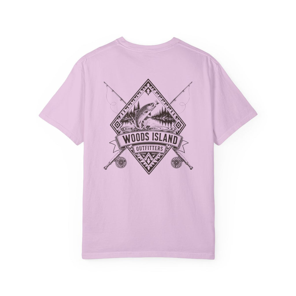 Trout crest on the back of a Orchid Woods Island Outfitters tee